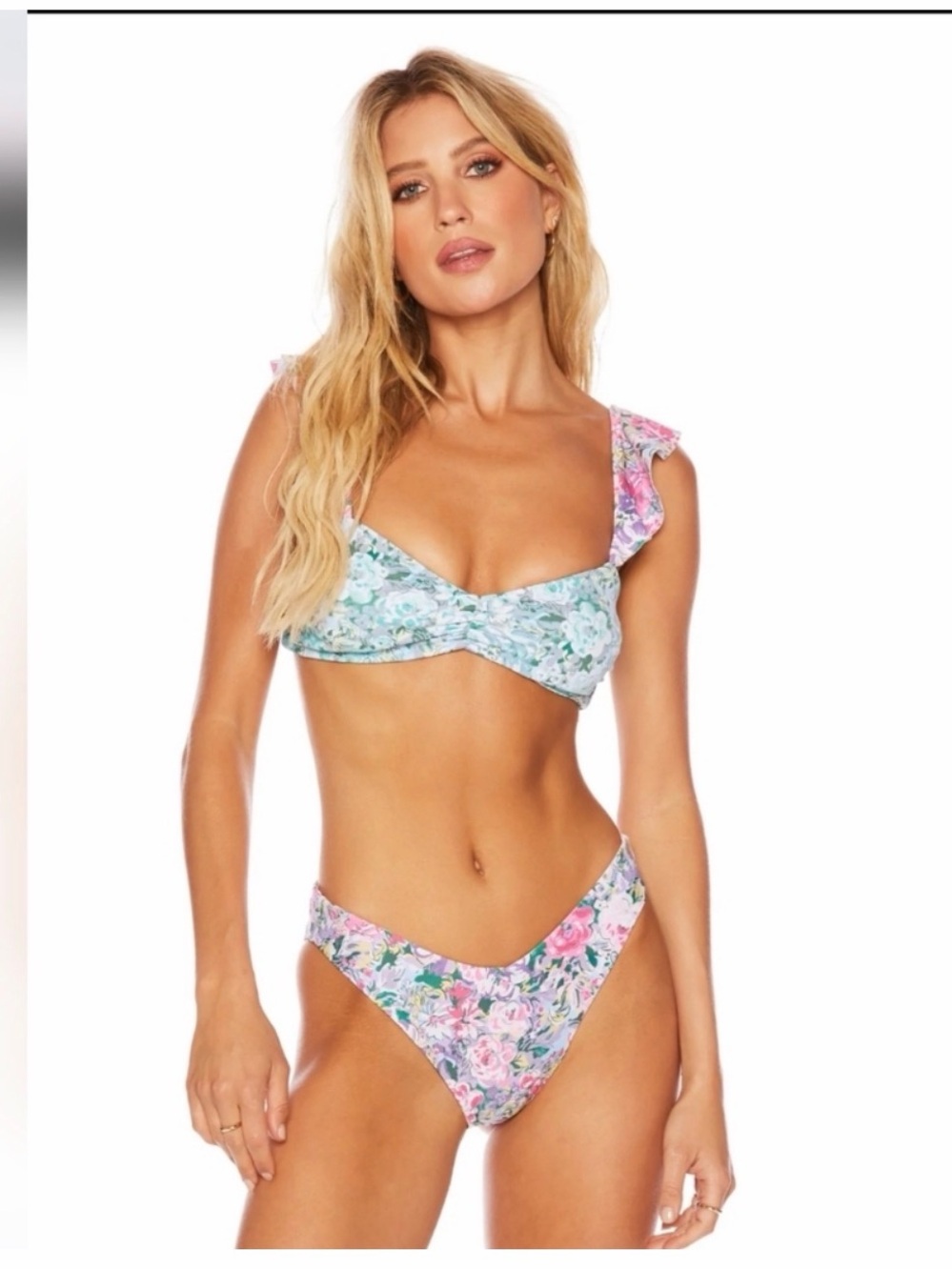 Beach Riot Pink Blue Purple Floral Ruffle Bikini Set Small